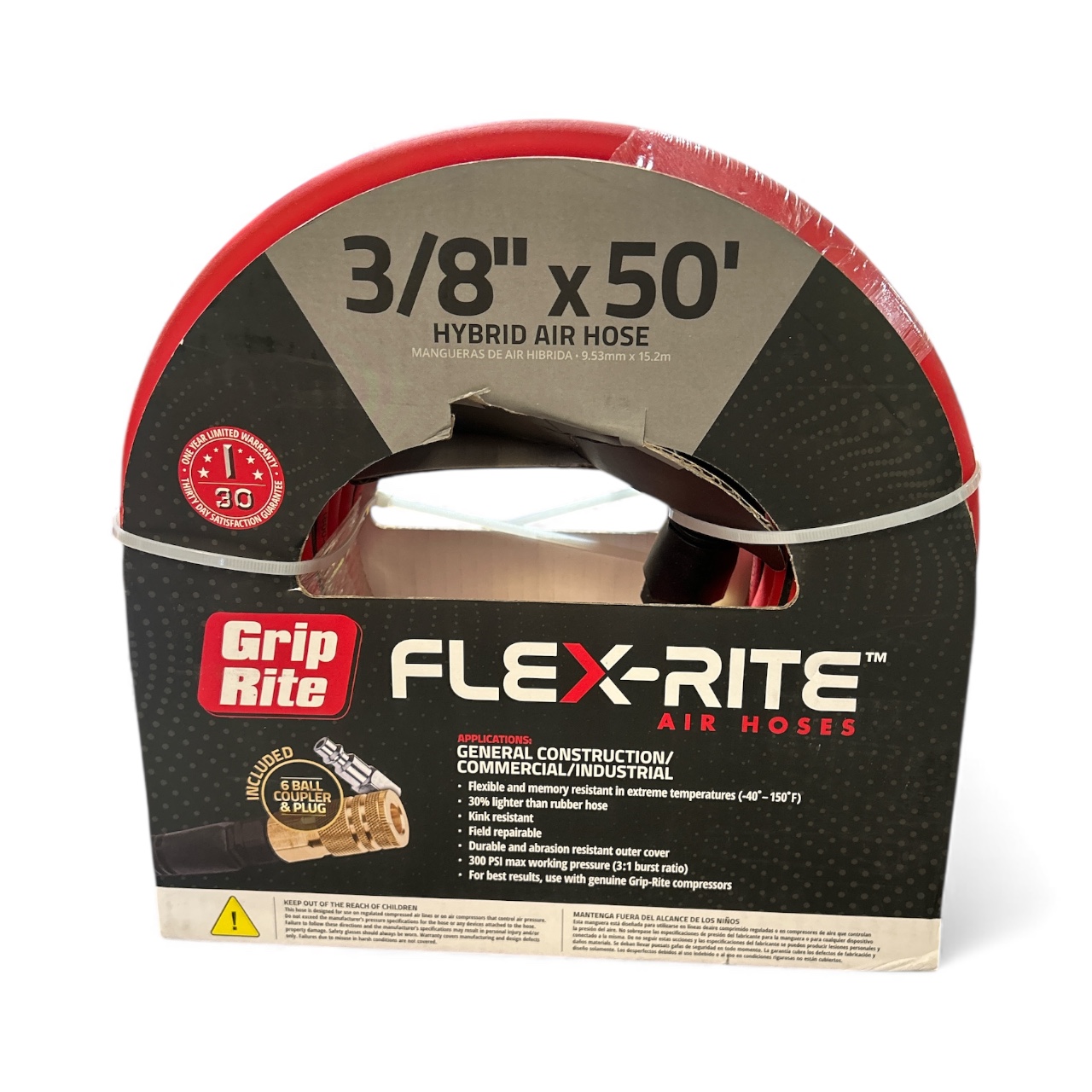 Grip Rite Flex-Rite Air Compressor Hose with Coupler, 3/8" X 50', Hybrid Red - Image 3